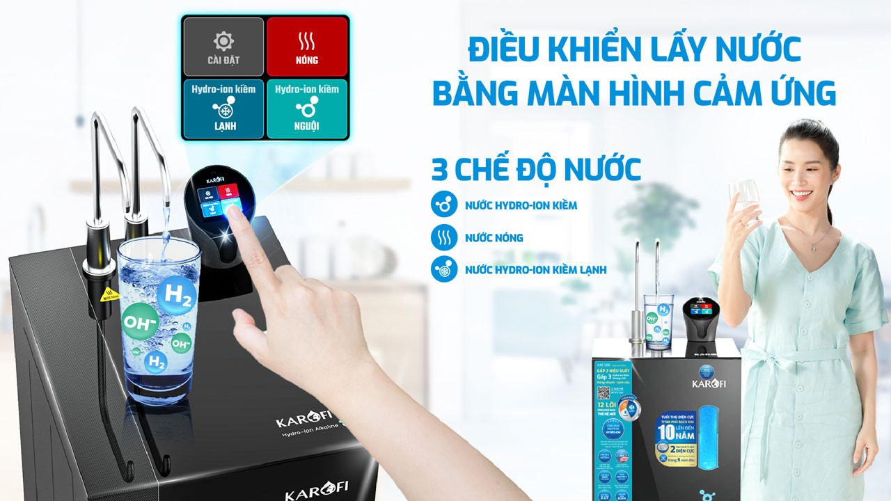 Máy Lọc Nước Nóng Lạnh Hydro Ion Kiềm Karofi KAE-S86 03 chế độ nước trên máy lọc nước ion kiềm S86