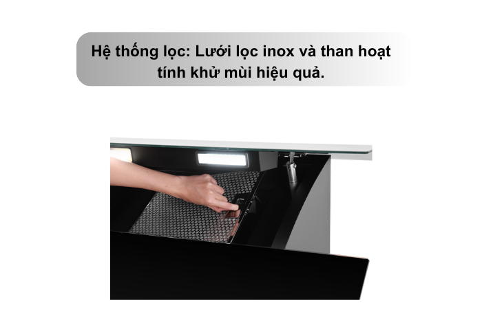 Máy Hút Mùi Kính Vát Pramie DE19-700 Lưới lọc nhôm cao cấp trên hút mùi Pramie