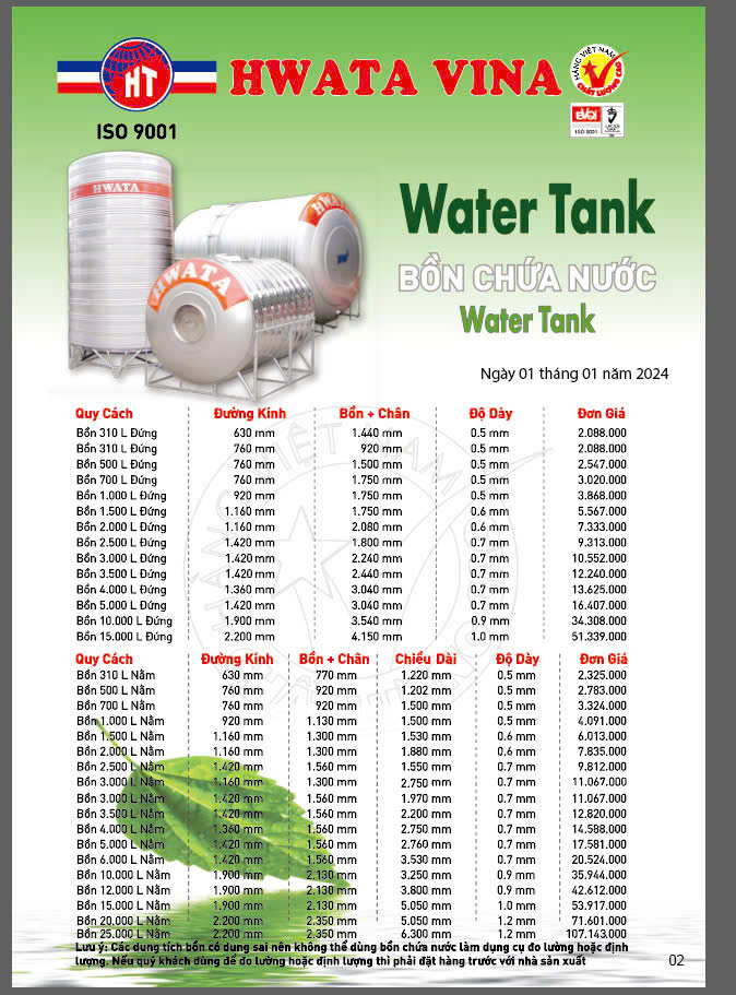 kích thước và độ dày bồn Hwata